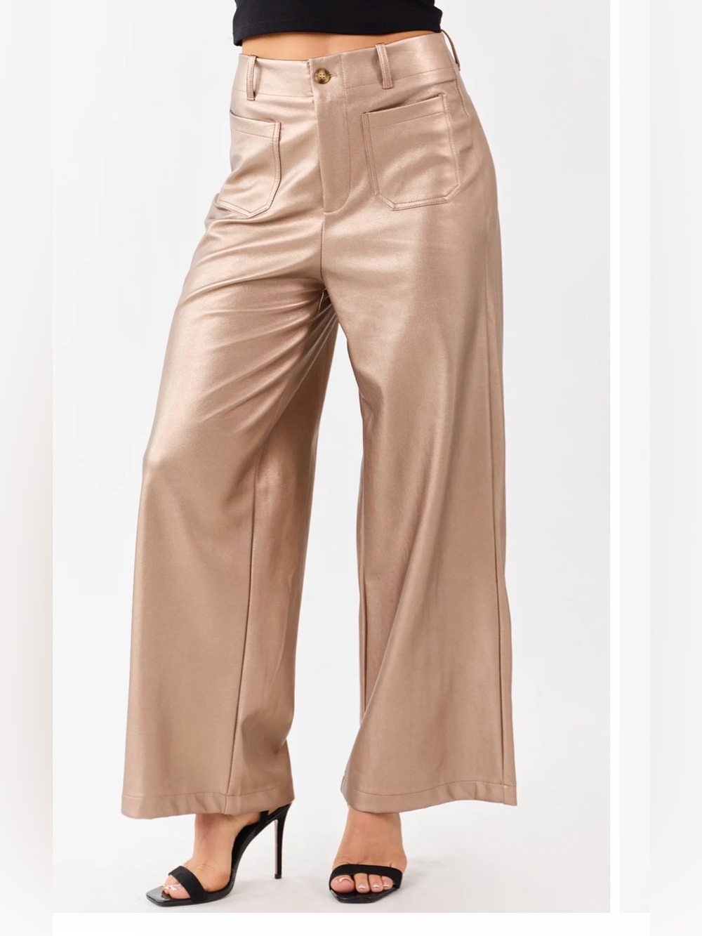 Lovelo Metallic Taupe Wide Leg Pants with Front Pockets